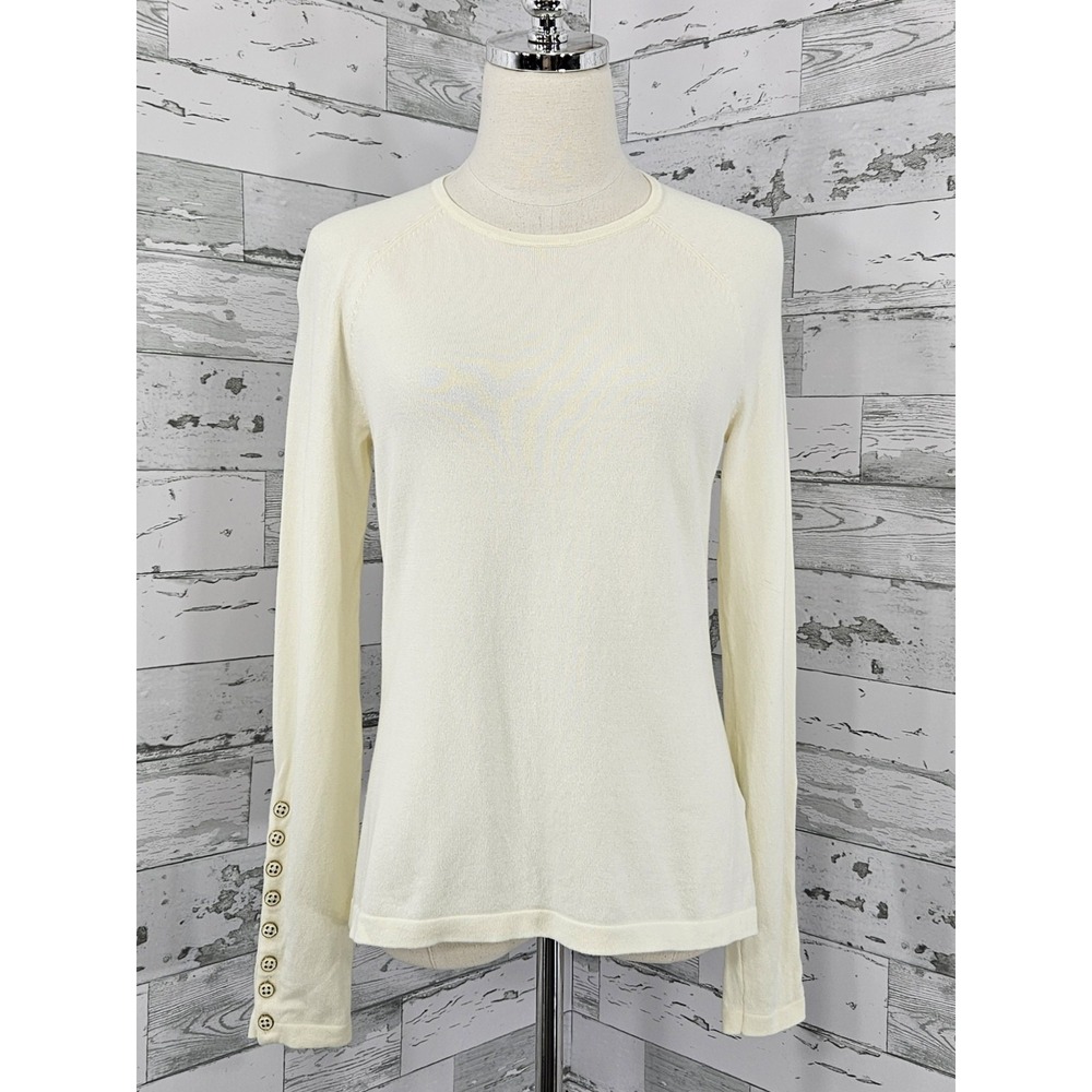 J Mclaughlin Long Sleeves Ivory Crew Neck Sweater Cotton Blend Lightweight Small